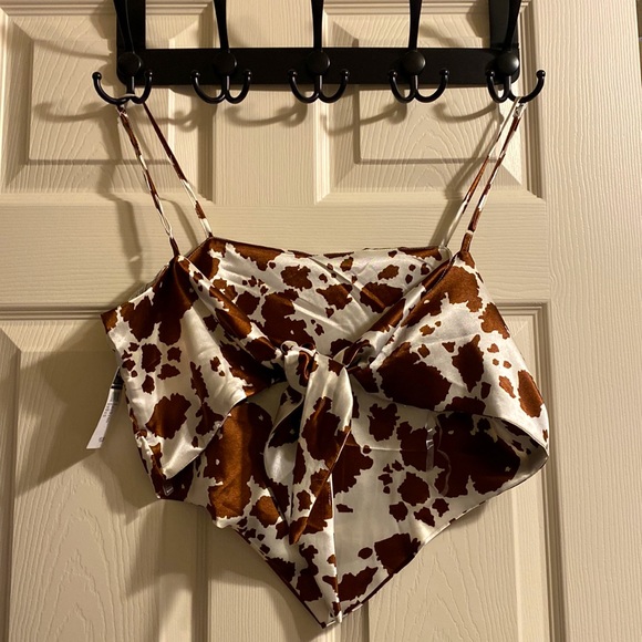 Cow print, brown and white spaghetti strap crop top. - Picture 3 of 3